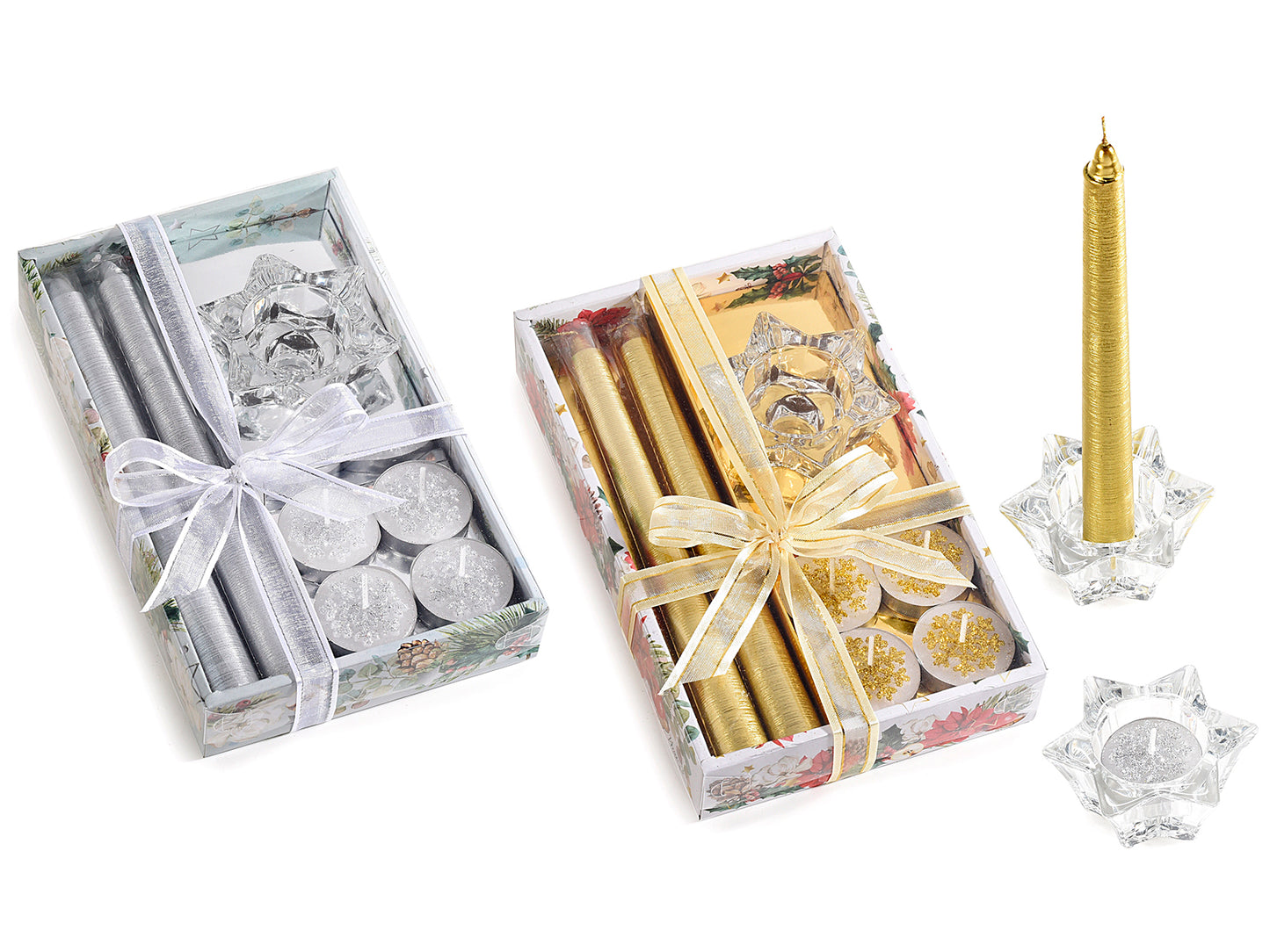 ➔ Conf. regalo con 4 tealight + 2 candele e portacandela vetro