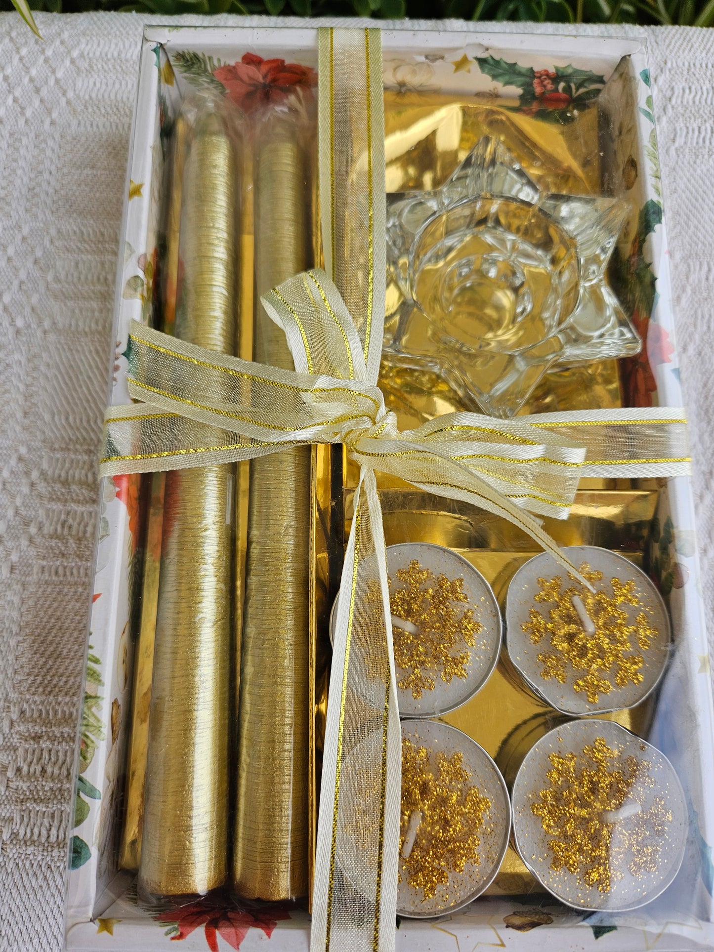 ➔ Conf. regalo con 4 tealight + 2 candele e portacandela vetro