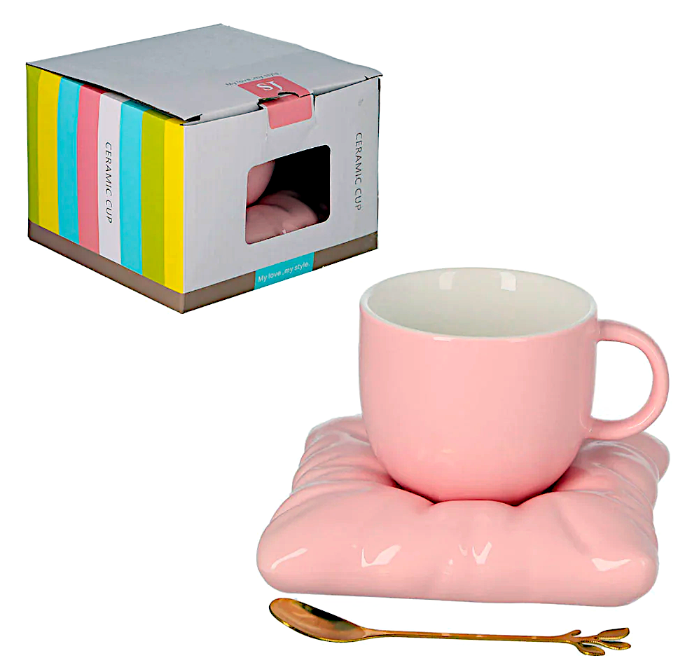 ➔ Tazza in ceramica con piattino e cucchiaino - colore rosa - Hanipol