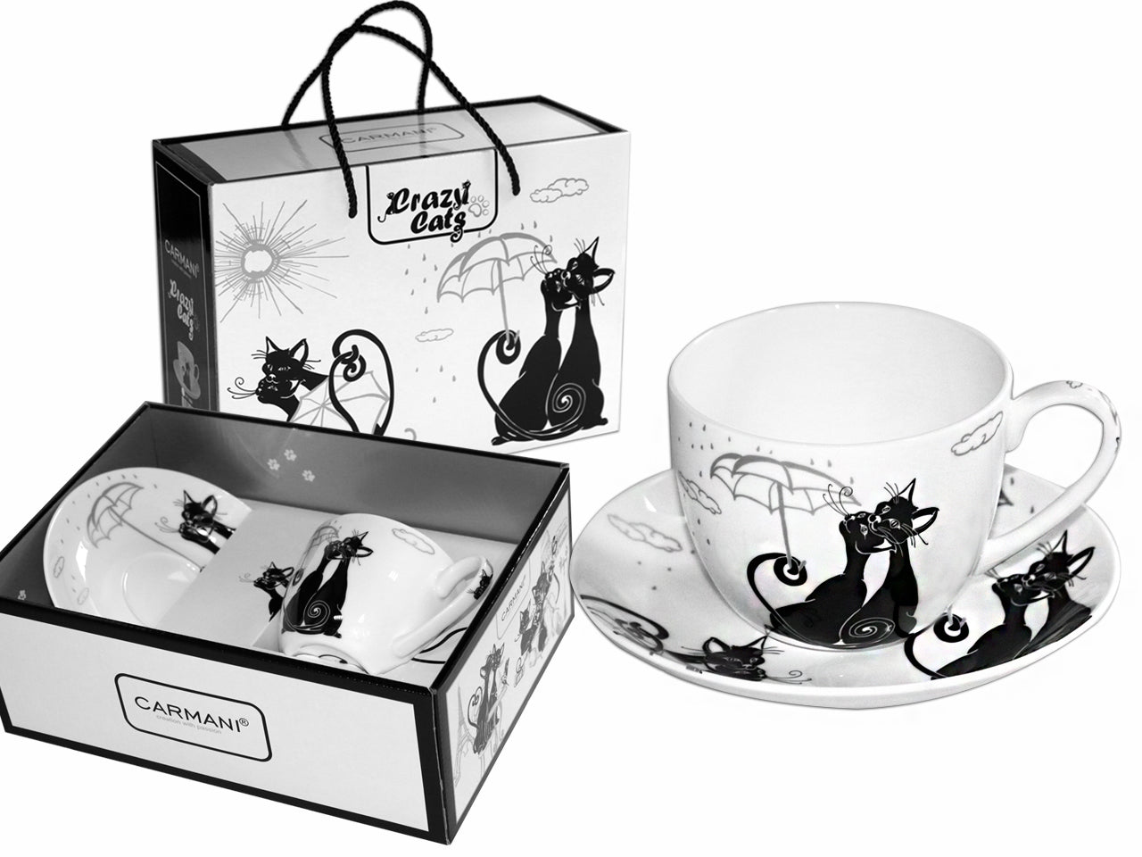 ➔ Tazza grande con piattino - Crazy cats - Gatti sotto ombrello - Carmani