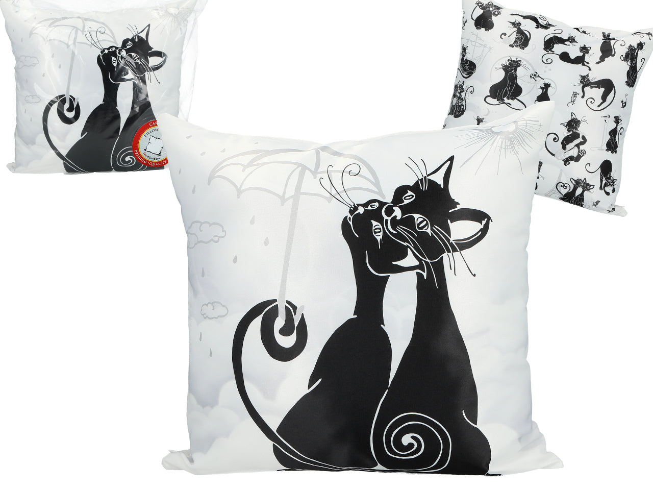 ➔ Cuscino con gatti neri sotto un ombrello - Carmani - Crazy cats