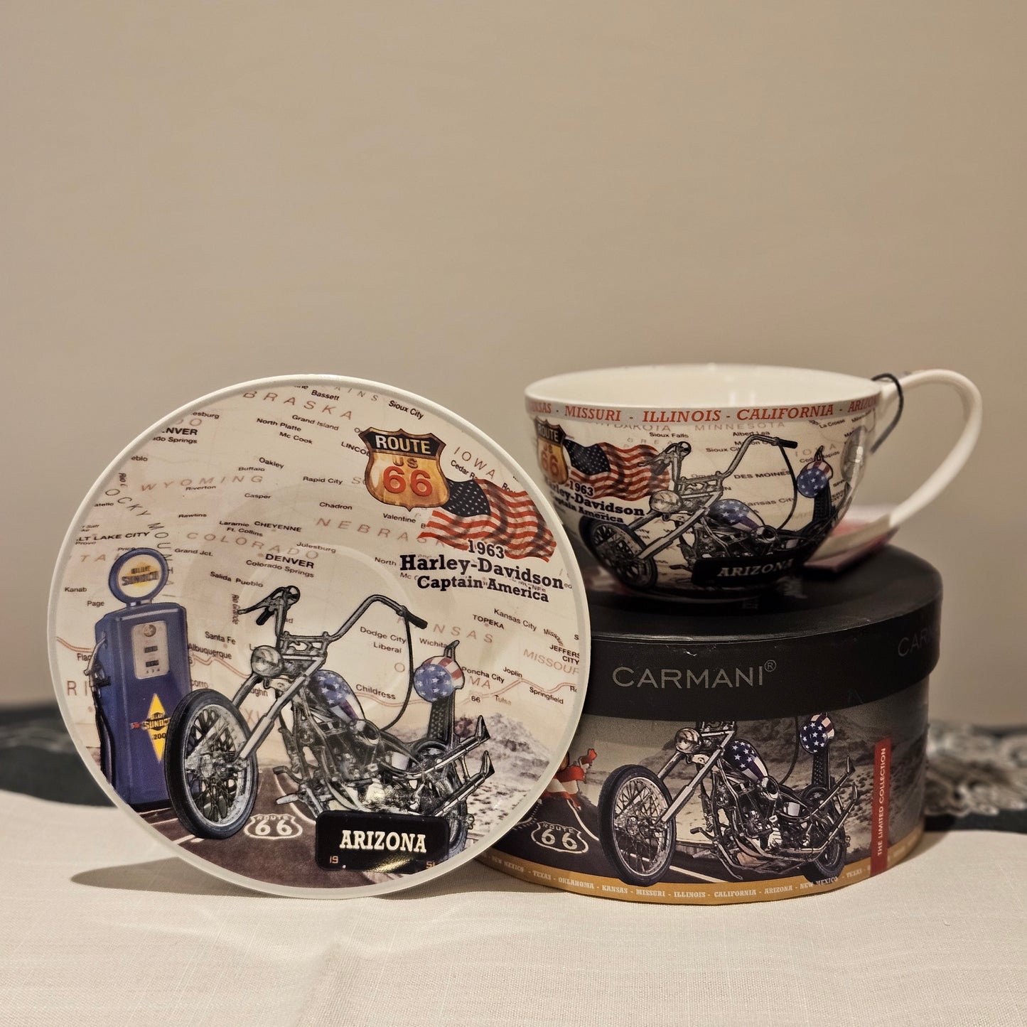 ➔ Grande tasse avec soucoupe - Moto Blue - Carmani Route 66