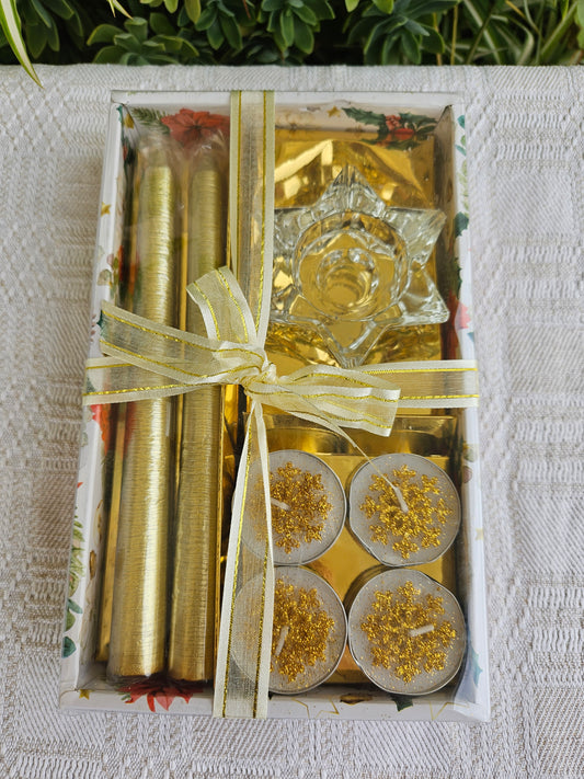 ➔ Conf. regalo con 4 tealight + 2 candele e portacandela vetro