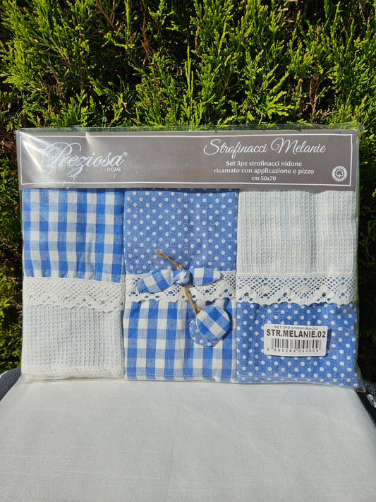 ➔ Set 3 pz strofinacci nidone ricamato con pizzo 50x70 cm - Preziosa Home