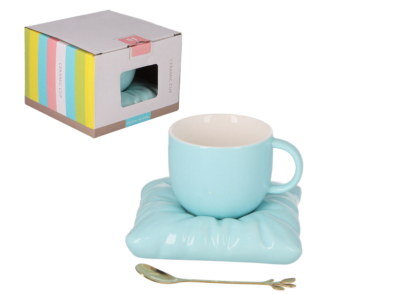 ➔ Tazza in ceramica con piattino e cucchiaino - colore celeste - Cucina