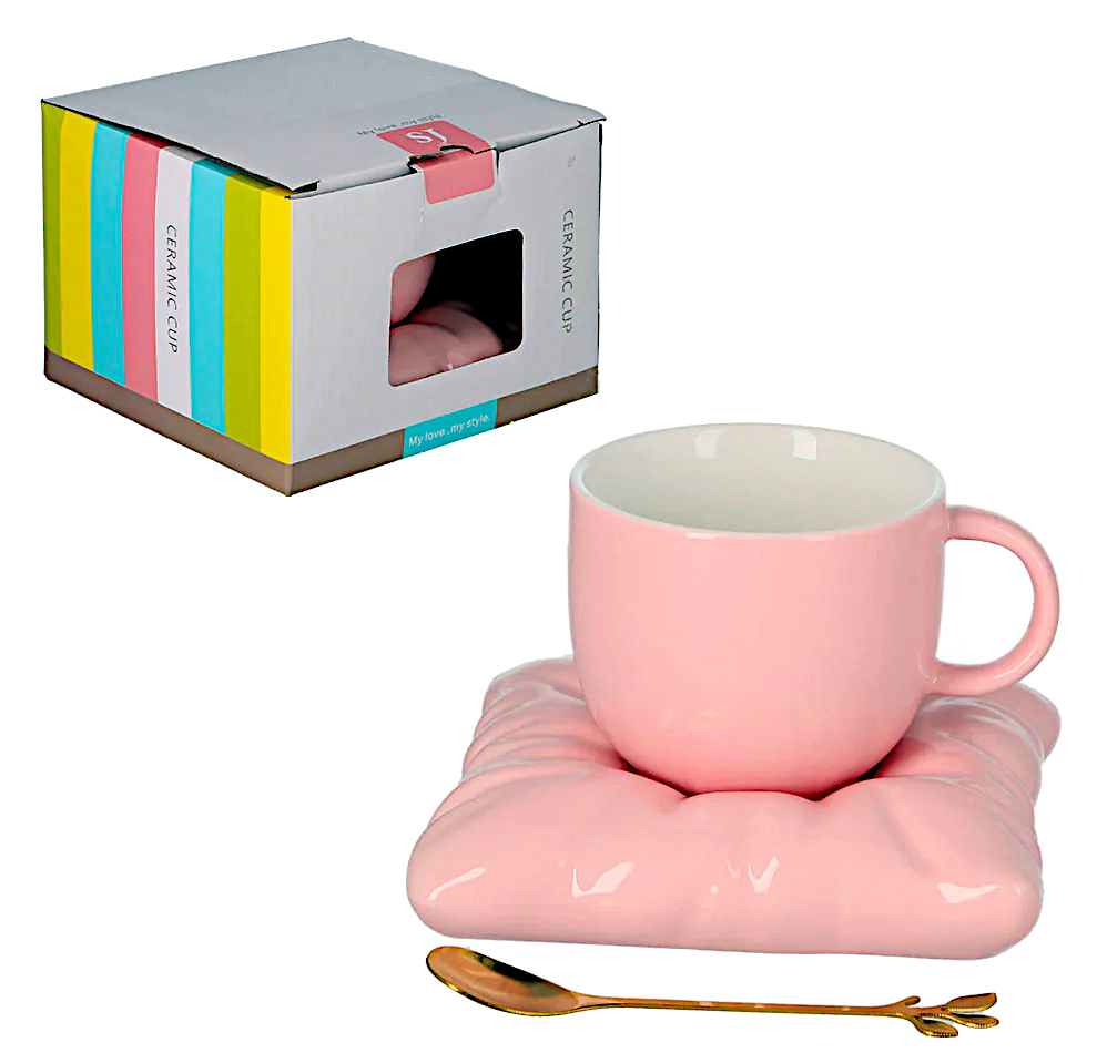 ➔ Tazza in ceramica con piattino e cucchiaino - colore rosa - Cucina