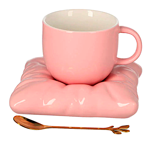 ➔ Tazza in ceramica con piattino e cucchiaino - colore rosa - Cucina