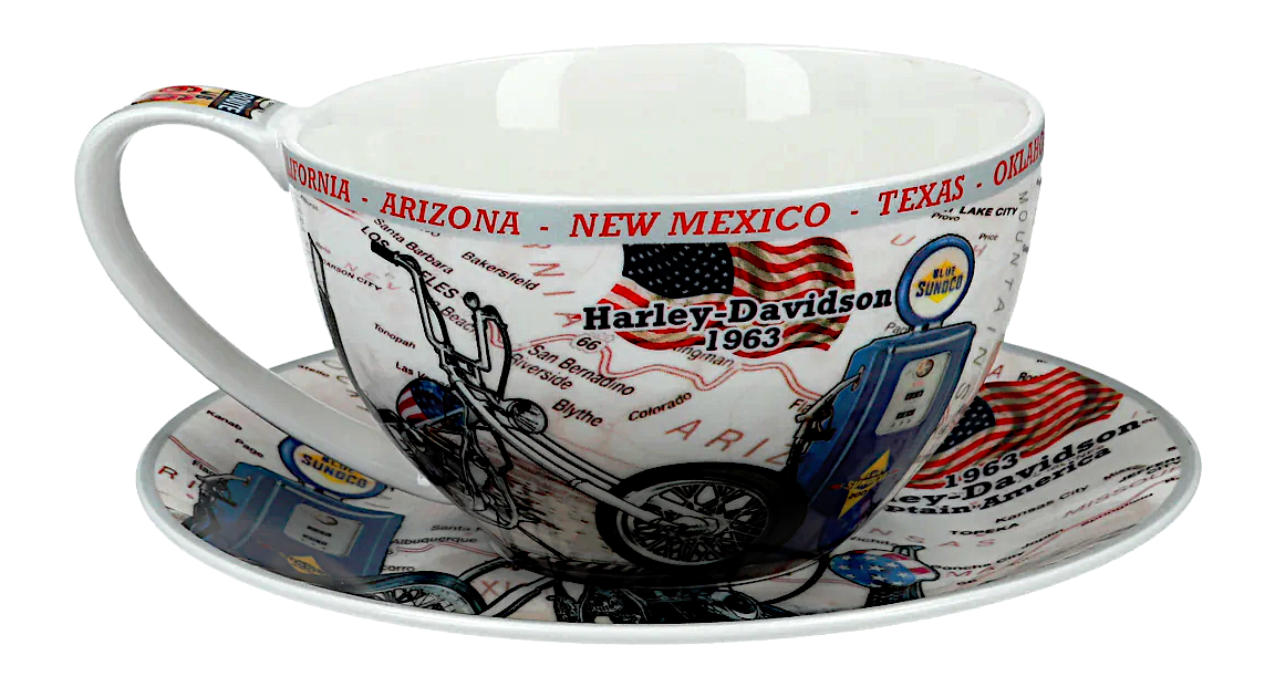 ➔ Suuri kuppi aluslautasella - Moto Blue - Carmani Route 66