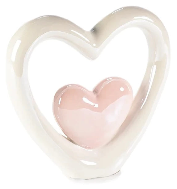 Coeur en céramique blanc et rose - Saint-Valentin - Céramique